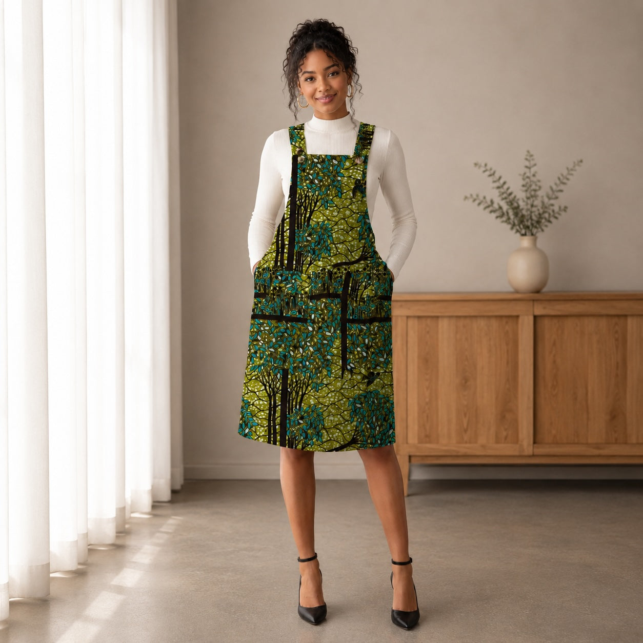 Women’s African Print Pinafore Midi Dress – Green & Blue Ankara