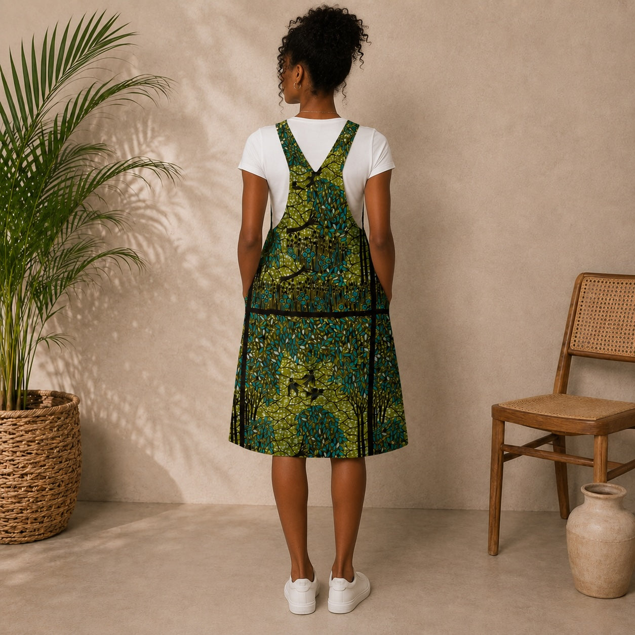 Women’s African Print Pinafore Midi Dress – Green & Blue Ankara