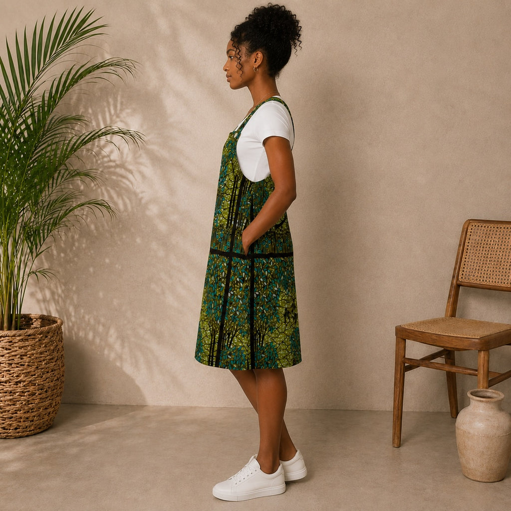 Women’s African Print Pinafore Midi Dress – Green & Blue Ankara