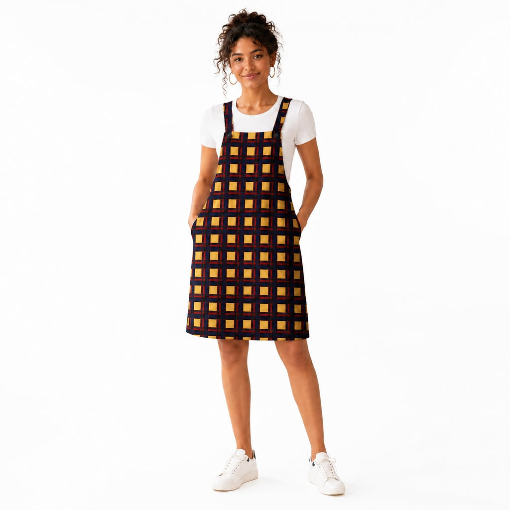Women’s African Print Pinafore Midi Dress – Yellow & Navy Check Print