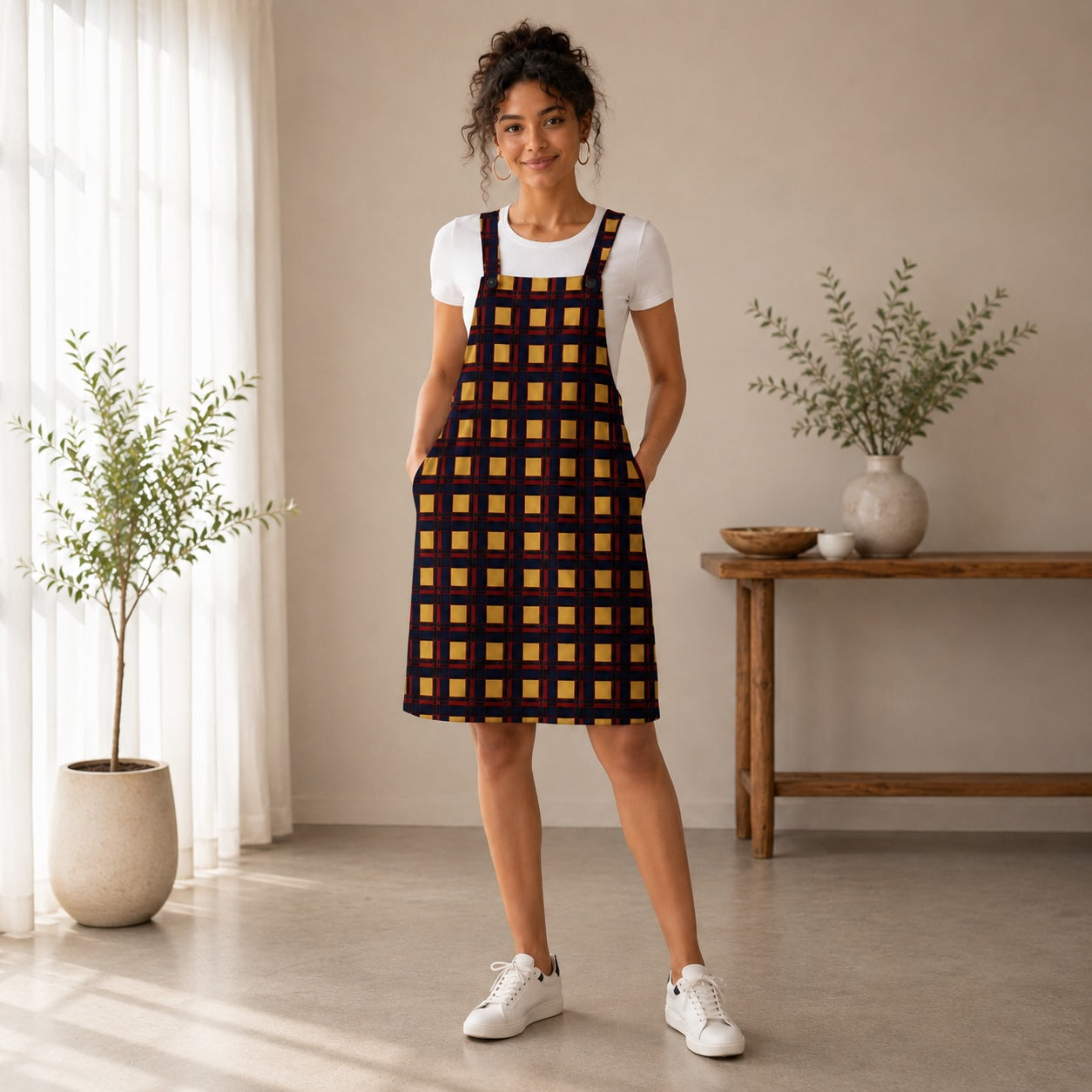 Women’s African Print Pinafore Midi Dress – Yellow & Navy Check Print