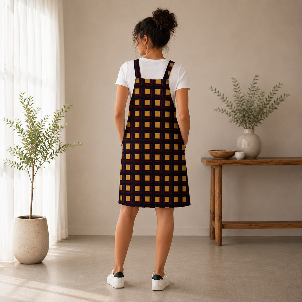 Women’s African Print Pinafore Midi Dress – Yellow & Navy Check Print