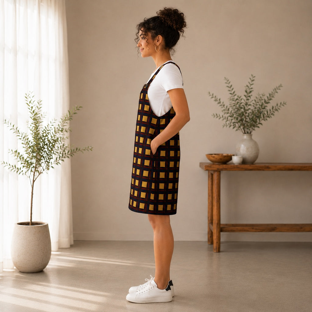 Women’s African Print Pinafore Midi Dress – Yellow & Navy Check Print