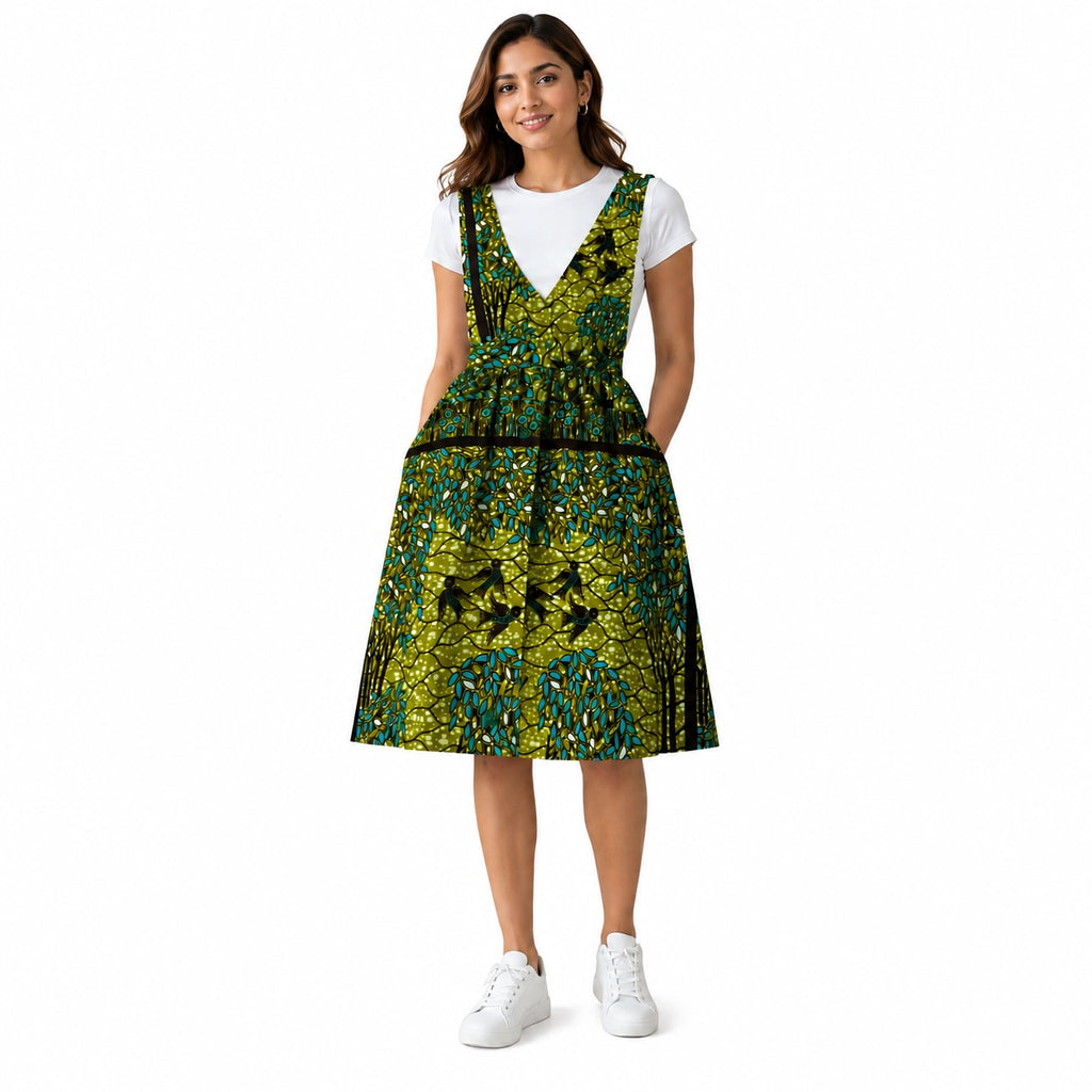 Women’s African Print Sleeveless Pinafore Midi Dress – Green & Blue Ankara