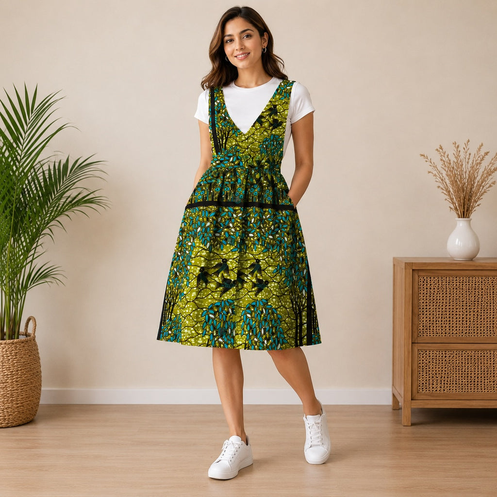 Women’s African Print Sleeveless Pinafore Midi Dress – Green & Blue Ankara