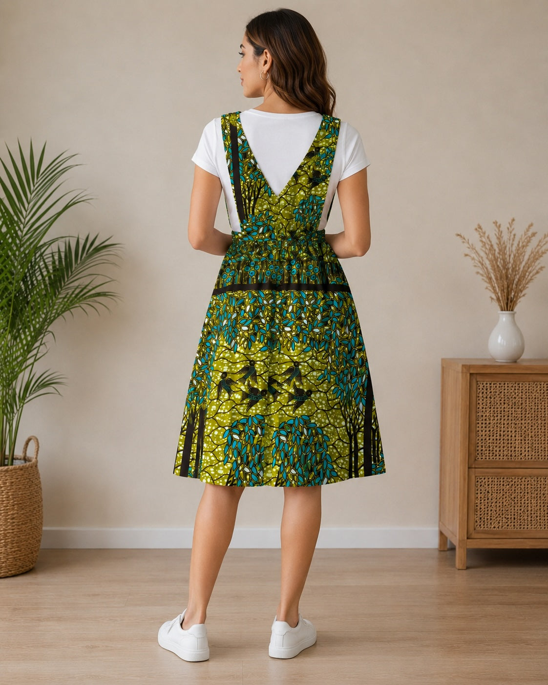 Women’s African Print Sleeveless Pinafore Midi Dress – Green & Blue Ankara