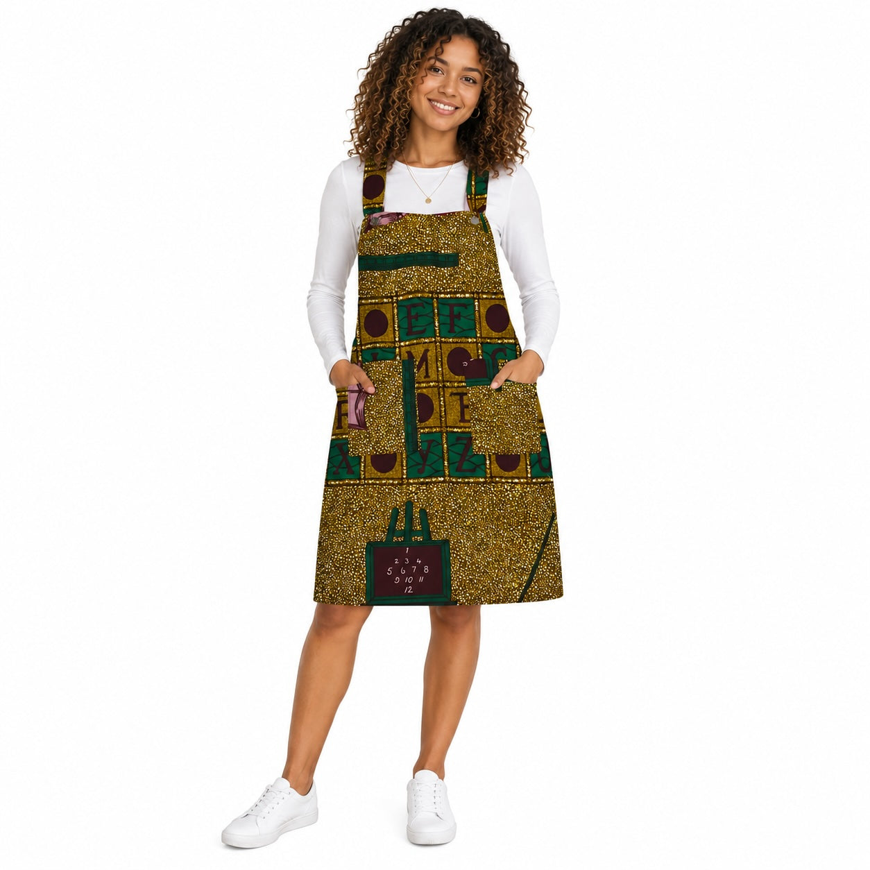 Women’s African Print Pinafore Knee-Length Dress – Mustard Green Educational Ankara