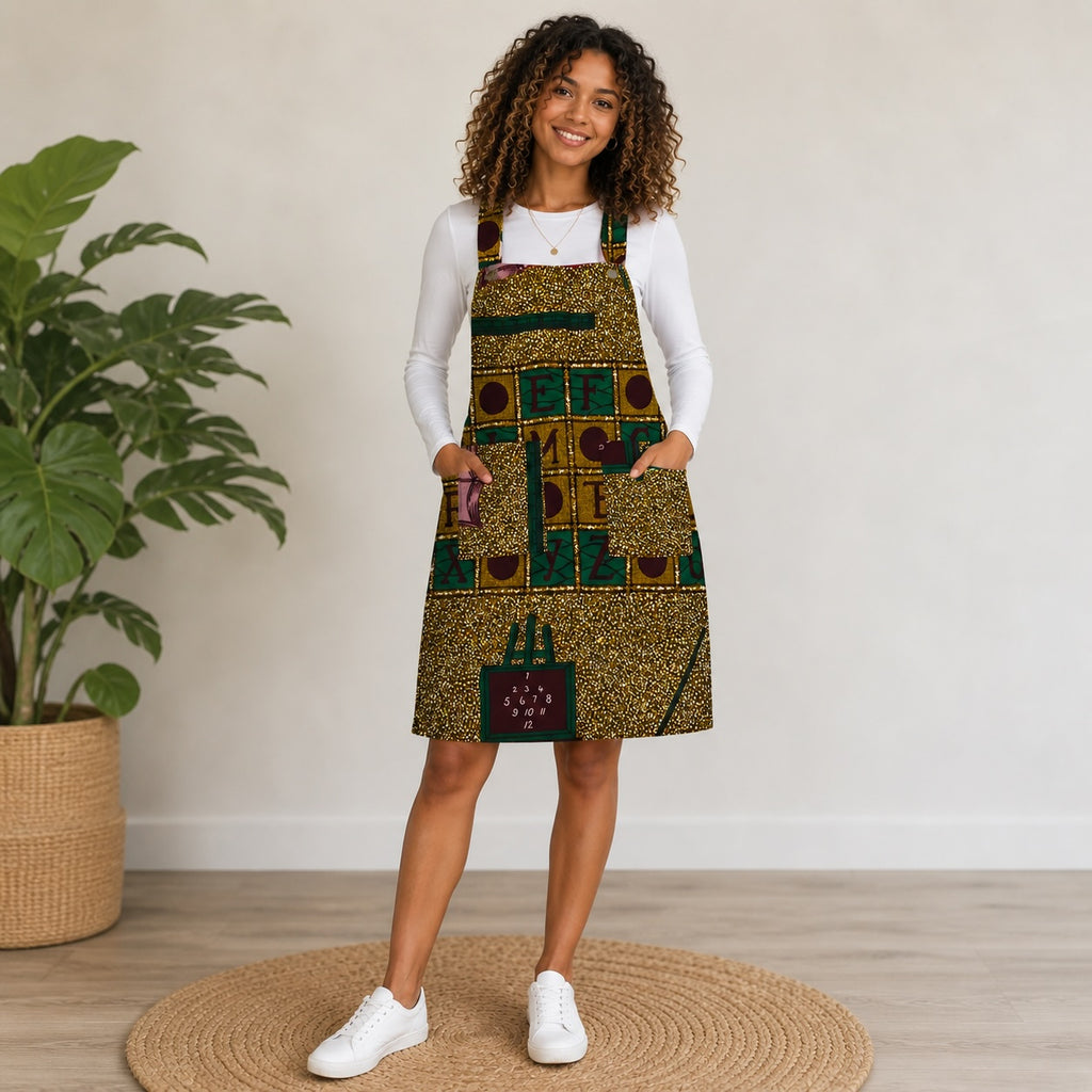 Women’s African Print Pinafore Knee-Length Dress – Mustard Green Educational Ankara