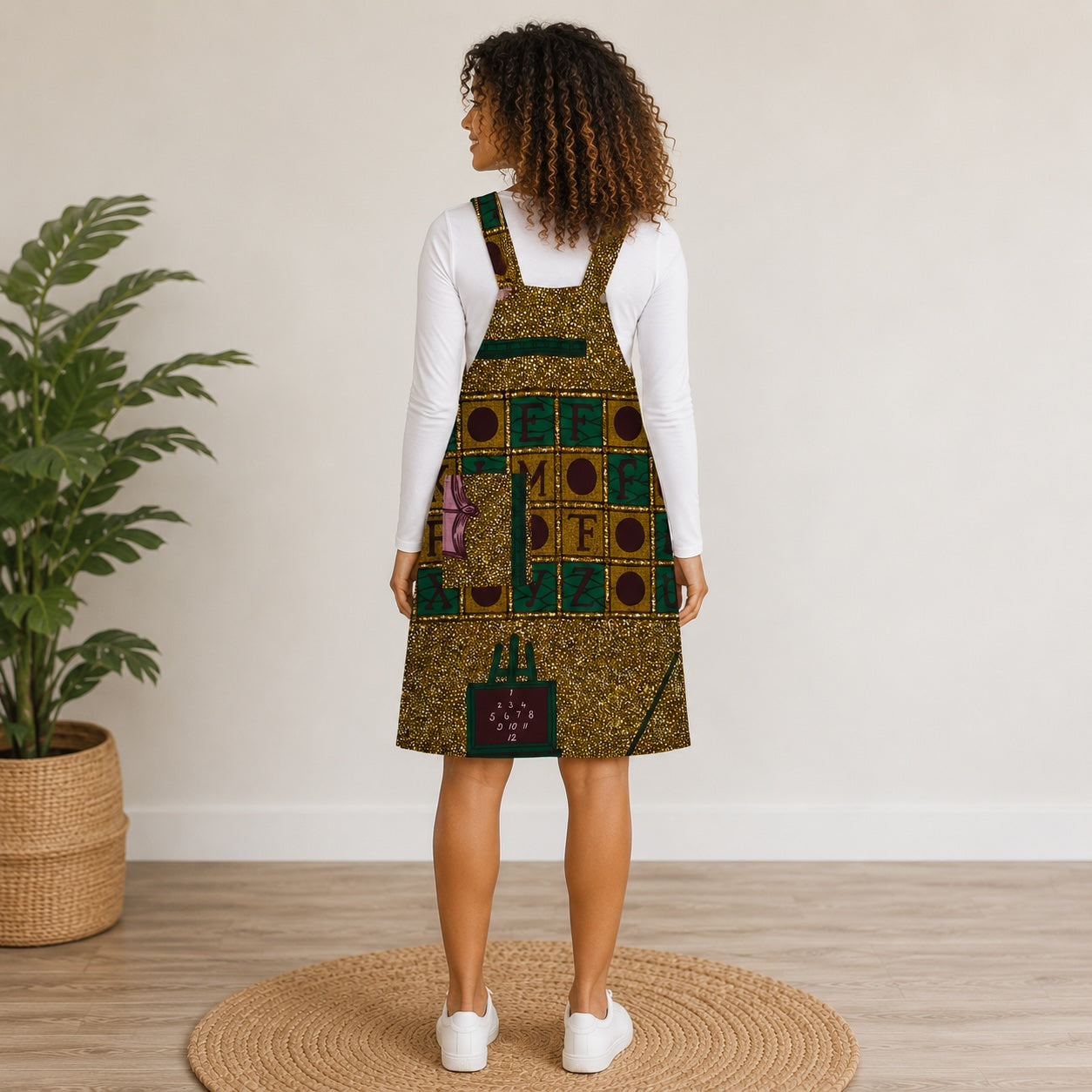 Women’s African Print Pinafore Knee-Length Dress – Mustard Green Educational Ankara