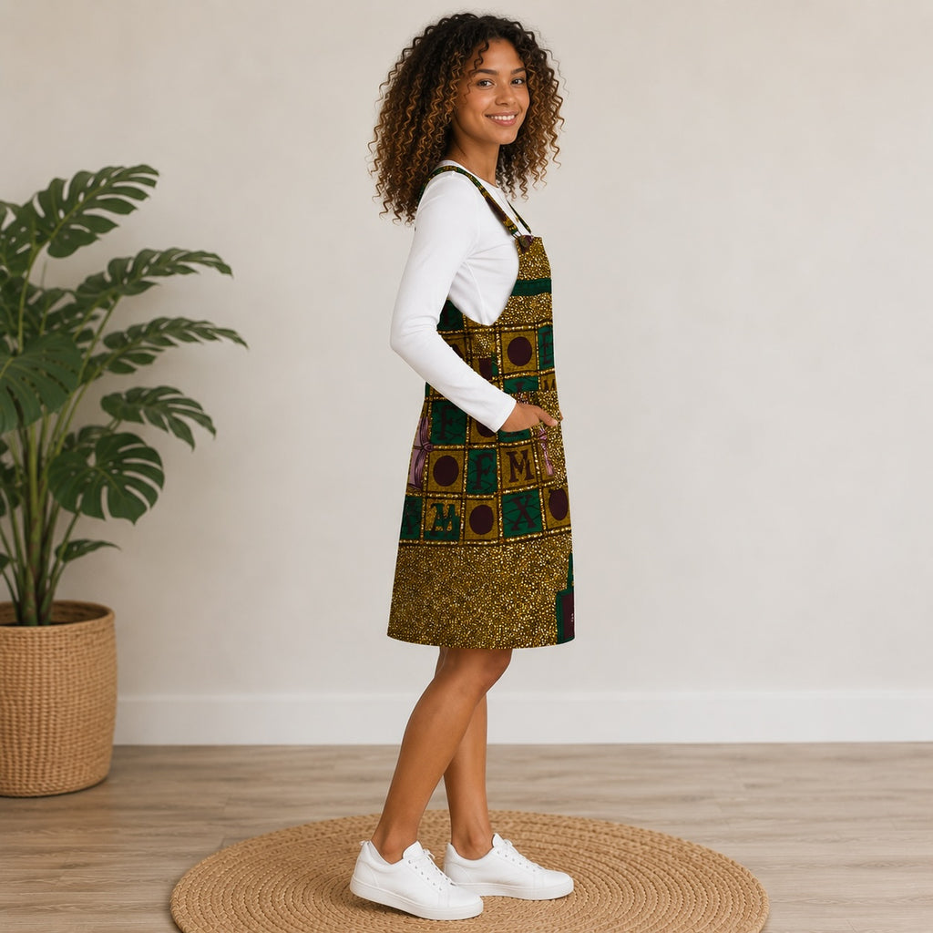 Women’s African Print Pinafore Knee-Length Dress – Mustard Green Educational Ankara
