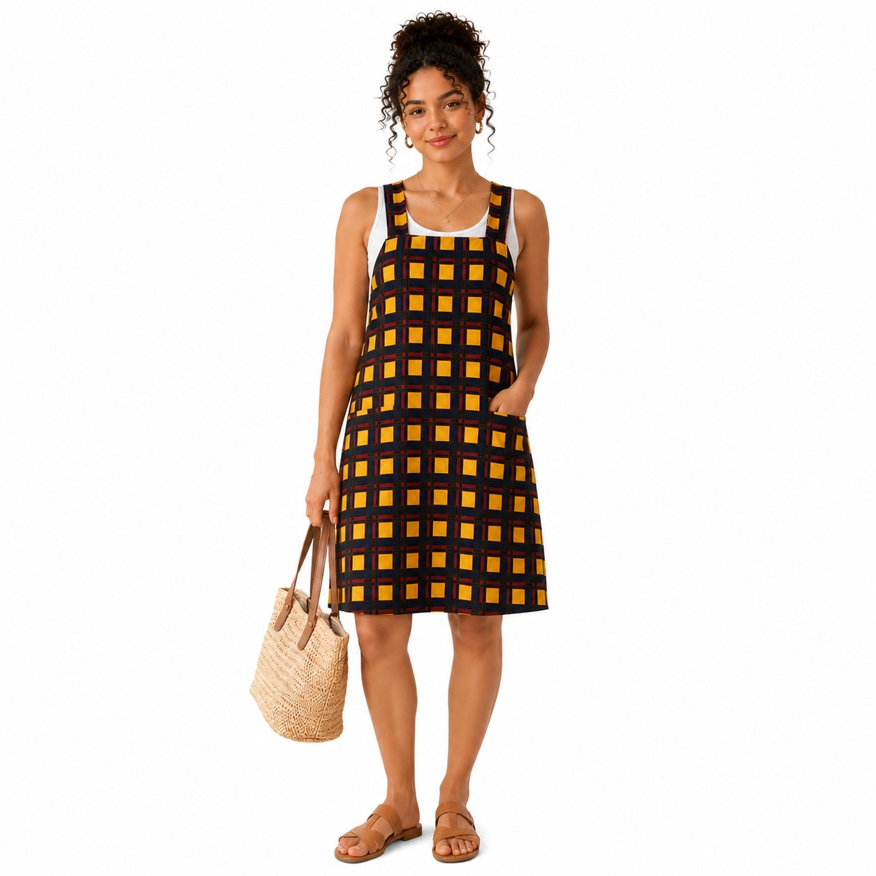 Women’s Check Print Sleeveless Pinafore Knee-Length Dress – Yellow, Navy & Red
