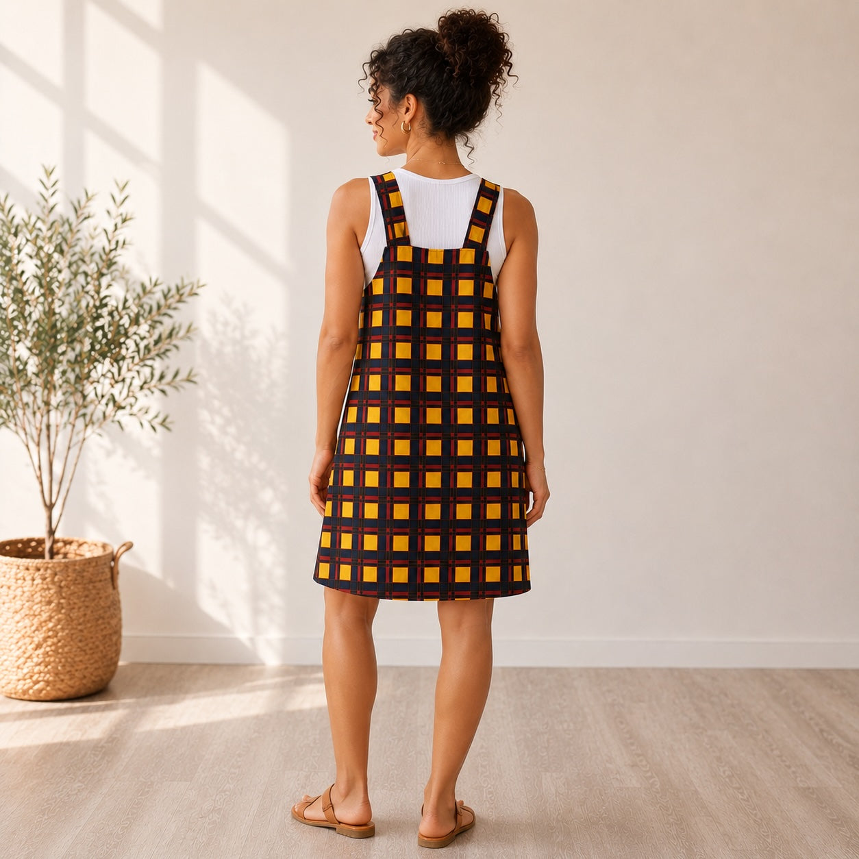 Women’s Check Print Sleeveless Pinafore Knee-Length Dress – Yellow, Navy & Red