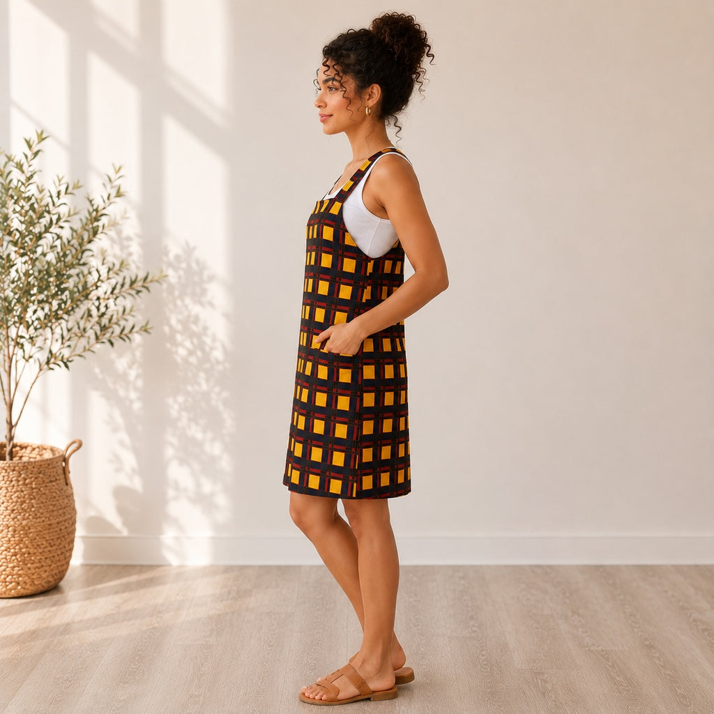 Women’s Check Print Sleeveless Pinafore Knee-Length Dress – Yellow, Navy & Red