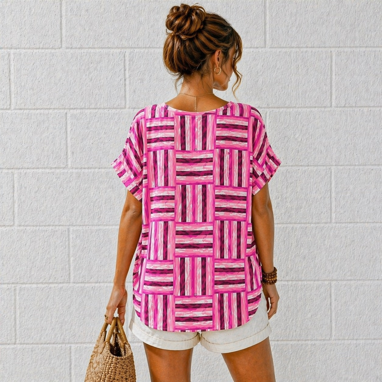 Women’s Geometric Stripe Print Cotton Top – Relaxed Summer Blouse