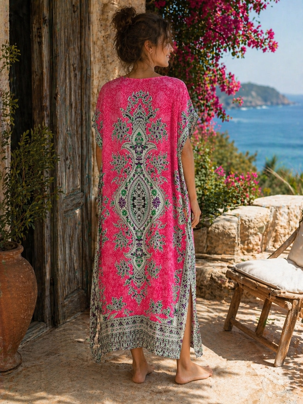Women’s Paisley Print Kaftan Dress, Free Size 10-16, Loose Maxi Holiday Dress, Available in Turquoise, Orange and Pink