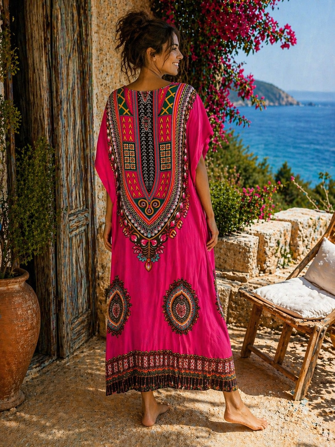 Women’s African Print Kaftan Maxi Dress, Free Size 10–16, Red Pink Blue
