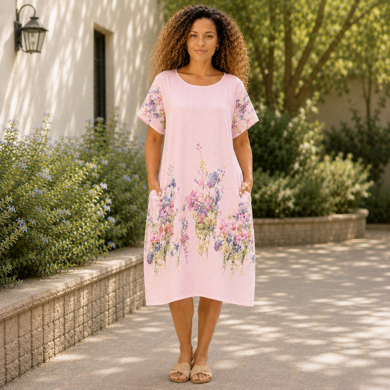 Women’s Floral Print Linen Tunic Short Sleeve Dress – Free Size
