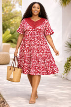Women’s Red African Print Smock Dress with Lace Neck Detail