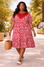 Women’s Red African Print Smock Dress with Lace Neck Detail