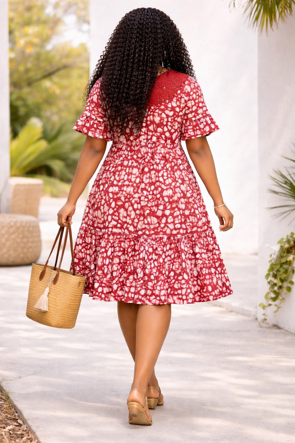 Women’s Red African Print Smock Dress with Lace Neck Detail