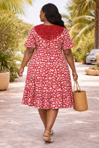 Women’s Red African Print Smock Dress with Lace Neck Detail