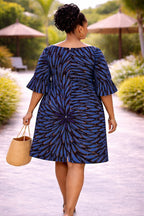 Women’s Blue African Print Mini Dress with Flared Sleeves
