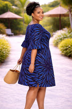Women’s Blue African Print Mini Dress with Flared Sleeves