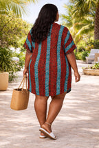 Women’s Red African Print Shirt Dress with Blue Stripe Detail