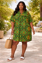 Women’s Green African Print Shirt Dress with Black and Yellow Pattern