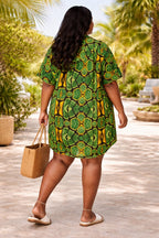 Women’s Green African Print Shirt Dress with Black and Yellow Pattern