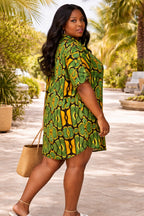Women’s Green African Print Shirt Dress with Black and Yellow Pattern