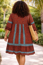 Women’s Rust African Print Dress with Blue Tassel Neck Detail