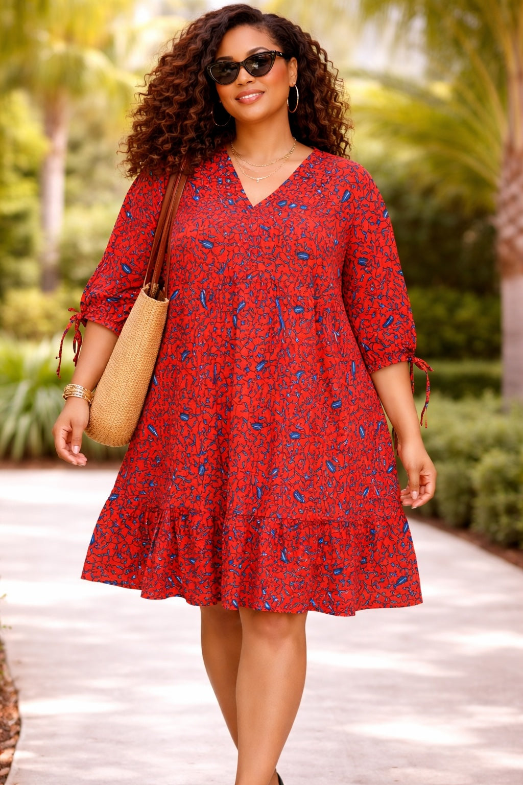 Women’s Red African Print Mini Dress with Square Neck Detail