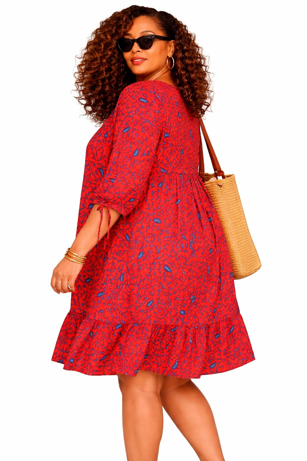 Women’s Red African Print Mini Dress with Square Neck Detail