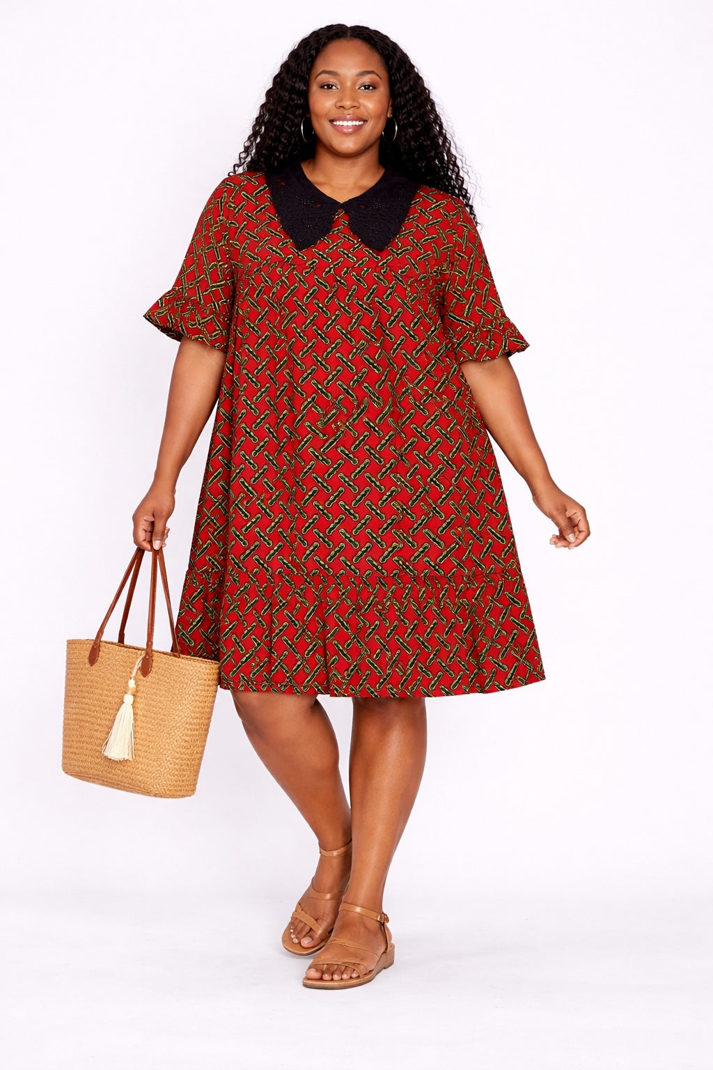 Women’s Red African Print Mini Dress with Black Collar Detail