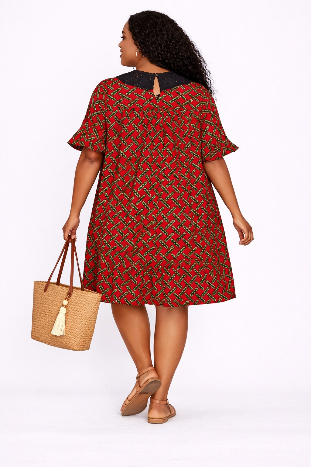 Women’s Red African Print Mini Dress with Black Collar Detail