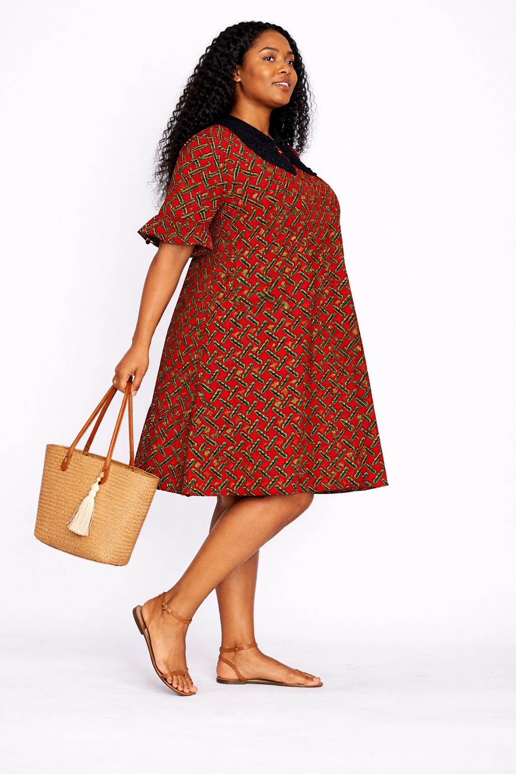 Women’s Red African Print Mini Dress with Black Collar Detail