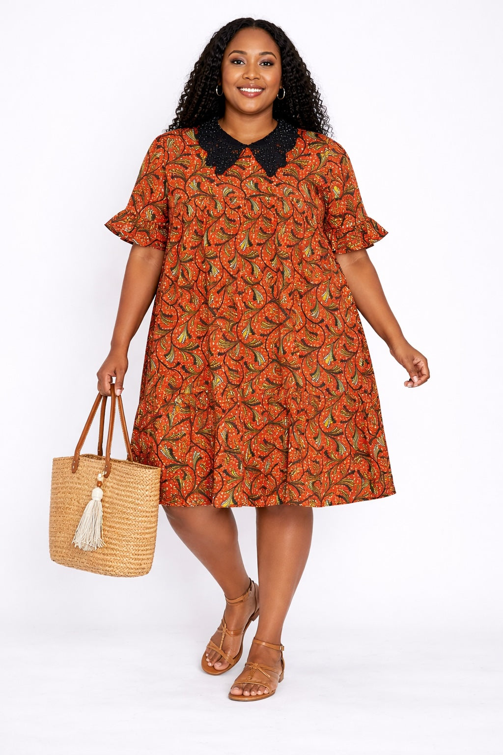 Women’s Orange African Print Mini Dress with Black Collar Detail