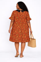Women’s Orange African Print Mini Dress with Black Collar Detail