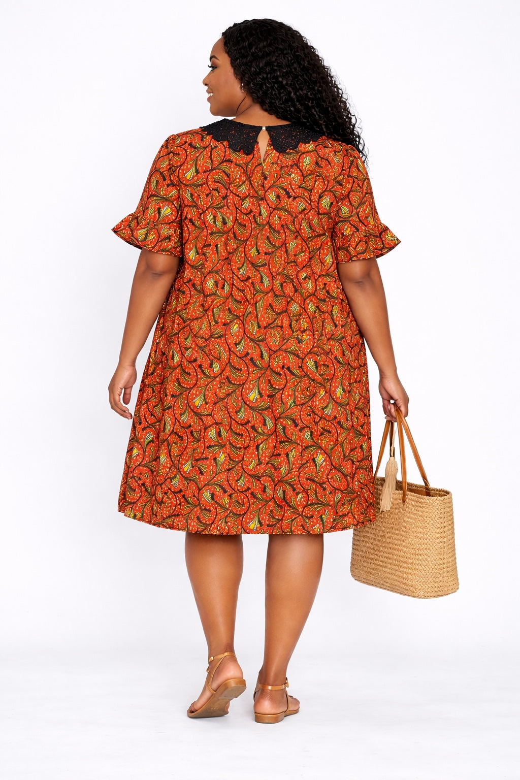 Women’s Orange African Print Mini Dress with Black Collar Detail