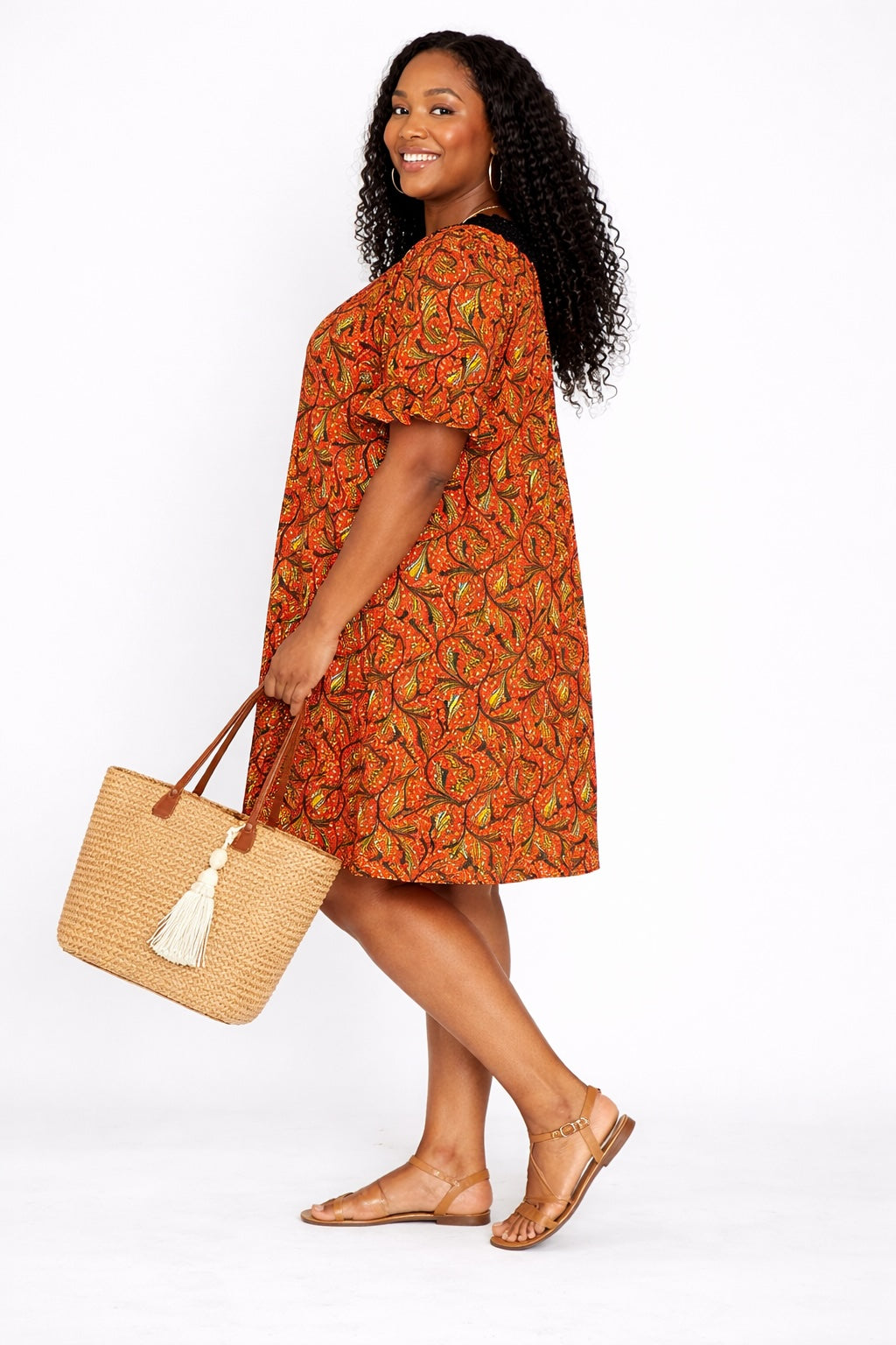 Women’s Orange African Print Mini Dress with Black Collar Detail