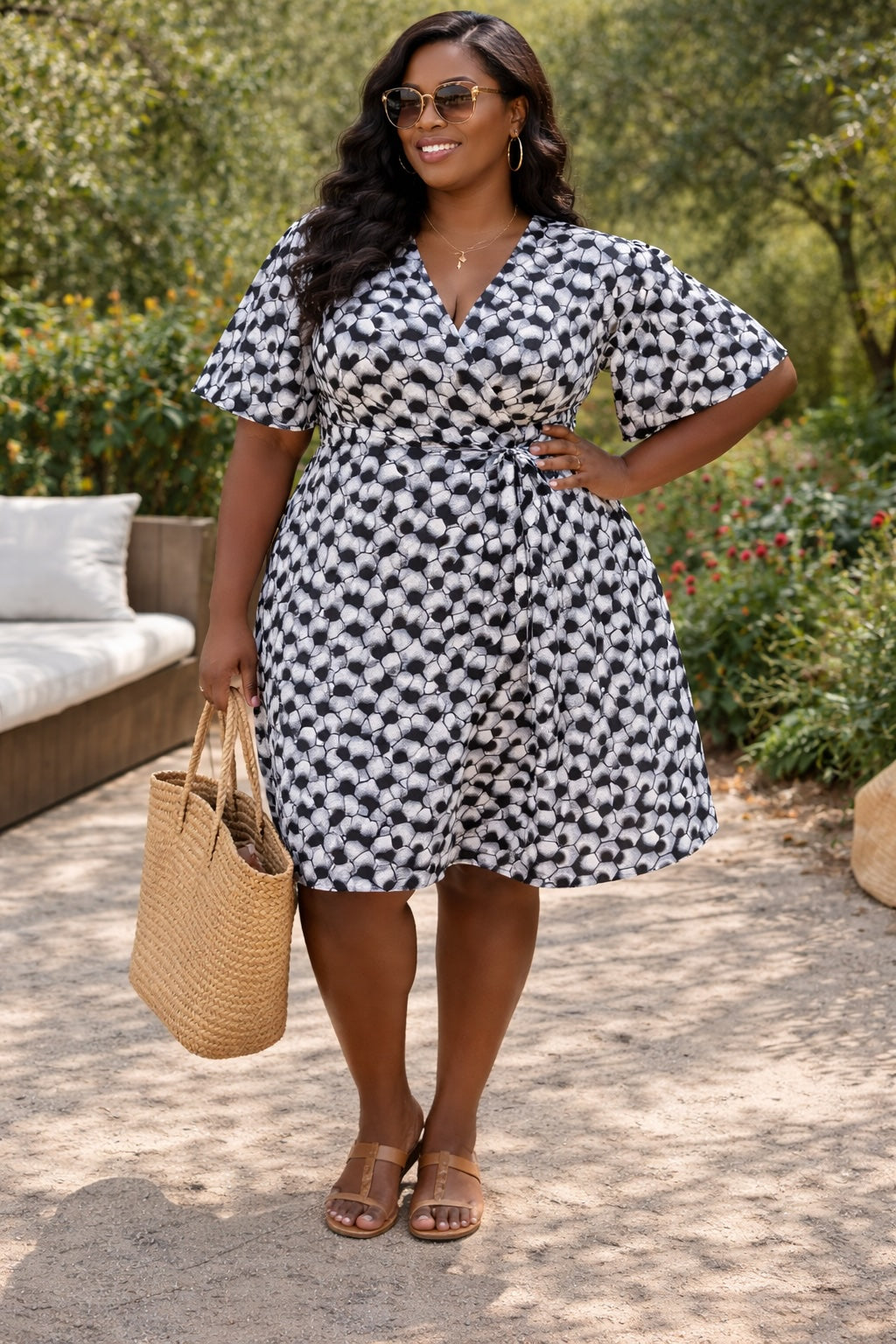 Women’s Black and White Abstract Print Wrap Dress with Tie Waist