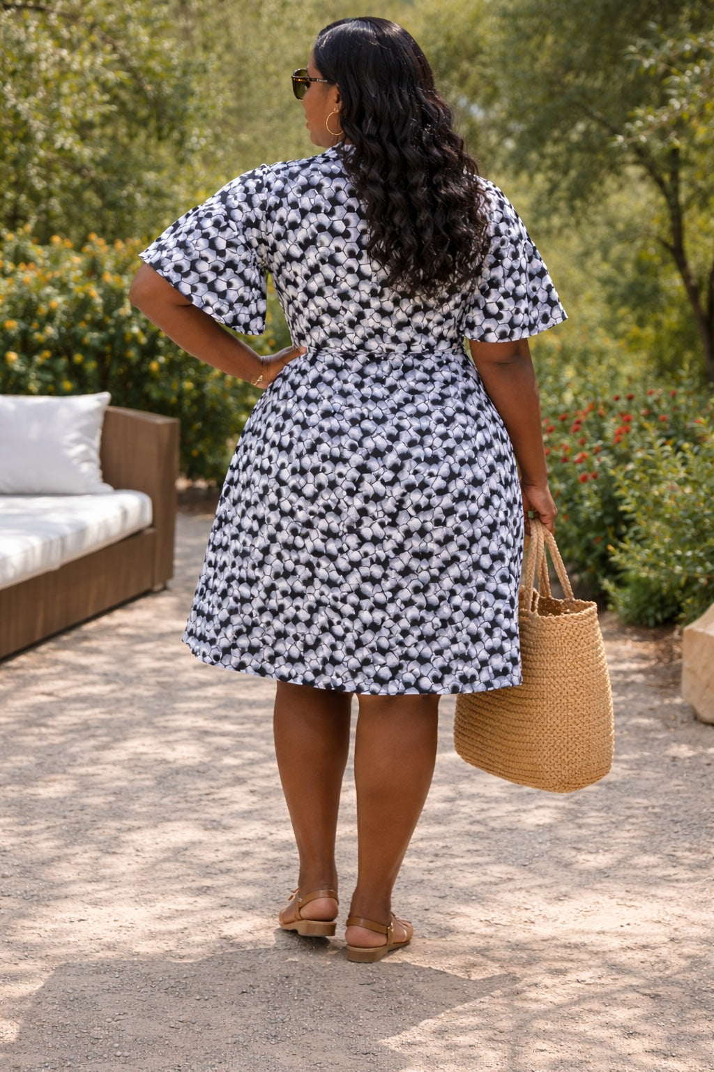 Women’s Black and White Abstract Print Wrap Dress with Tie Waist