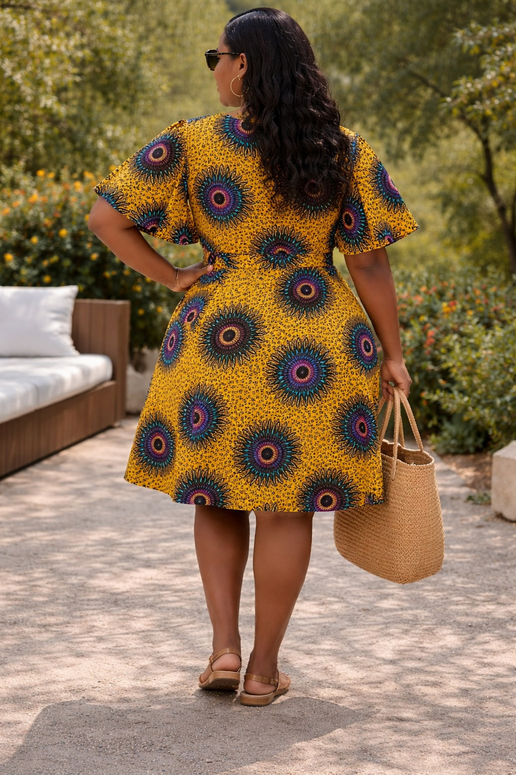 Women’s Yellow African Print Wrap Dress with Tie Waist