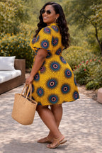 Women’s Yellow African Print Wrap Dress with Tie Waist