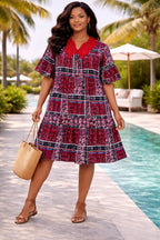 Women’s Red Printed Smock Dress with Lace Collar Detail