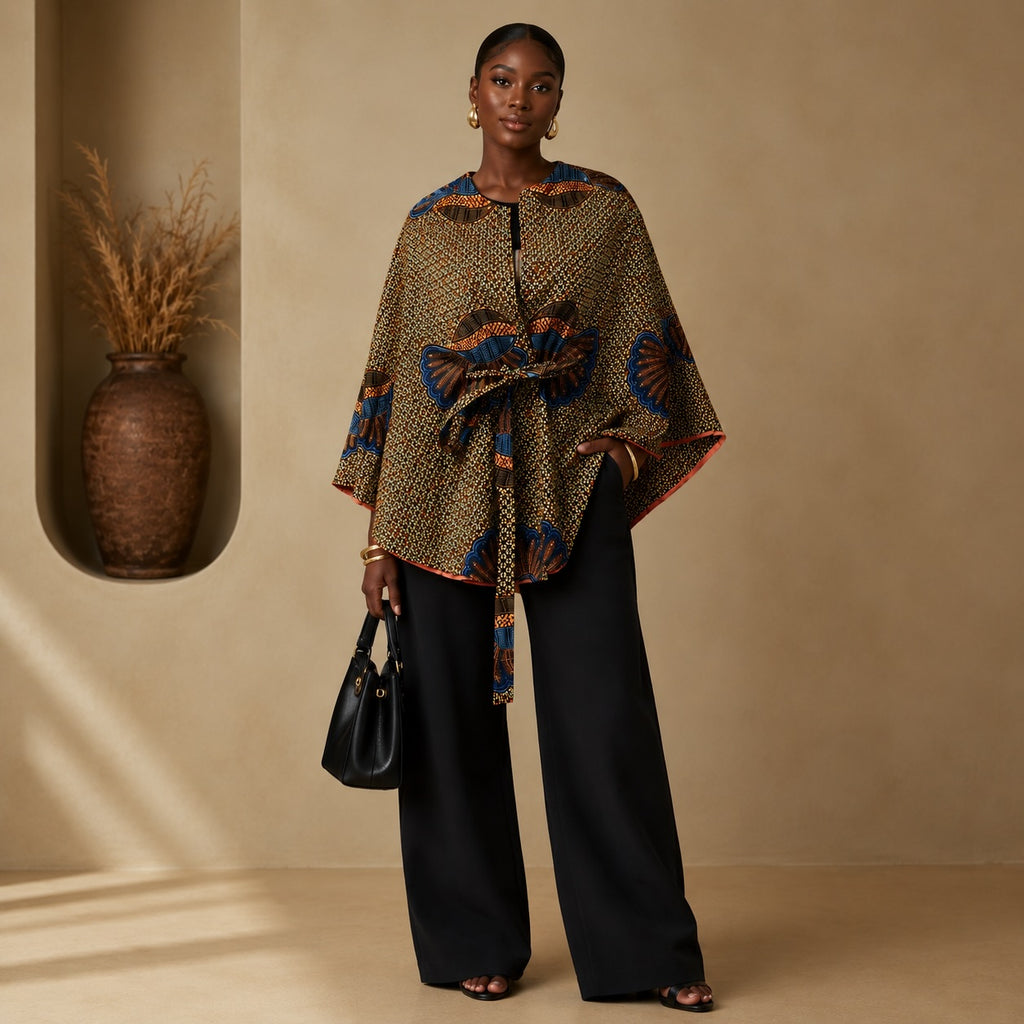 Women’s Reversible African Print Poncho Top – Brown Print & Burnt Orange