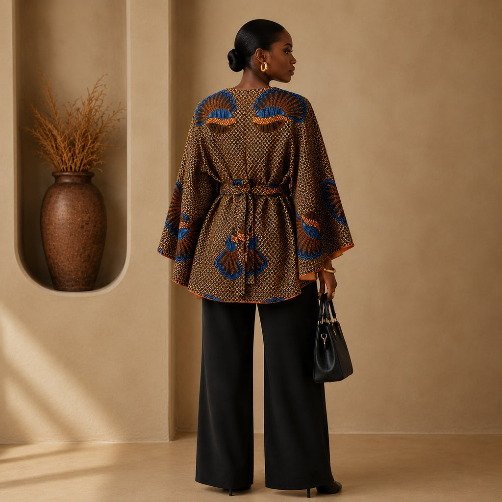 Women’s Reversible African Print Poncho Top – Brown Print & Burnt Orange