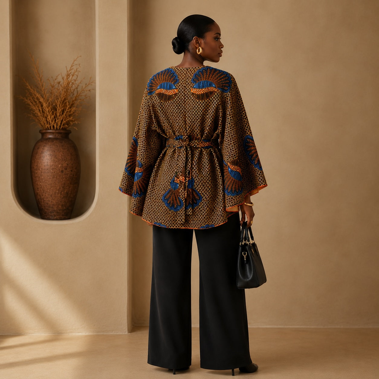 Women’s Reversible African Print Poncho Top – Brown Print & Burnt Orange