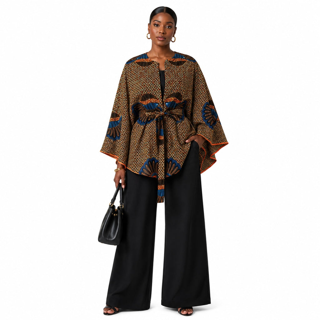 Women’s Reversible African Print Poncho Top – Brown Print & Burnt Orange